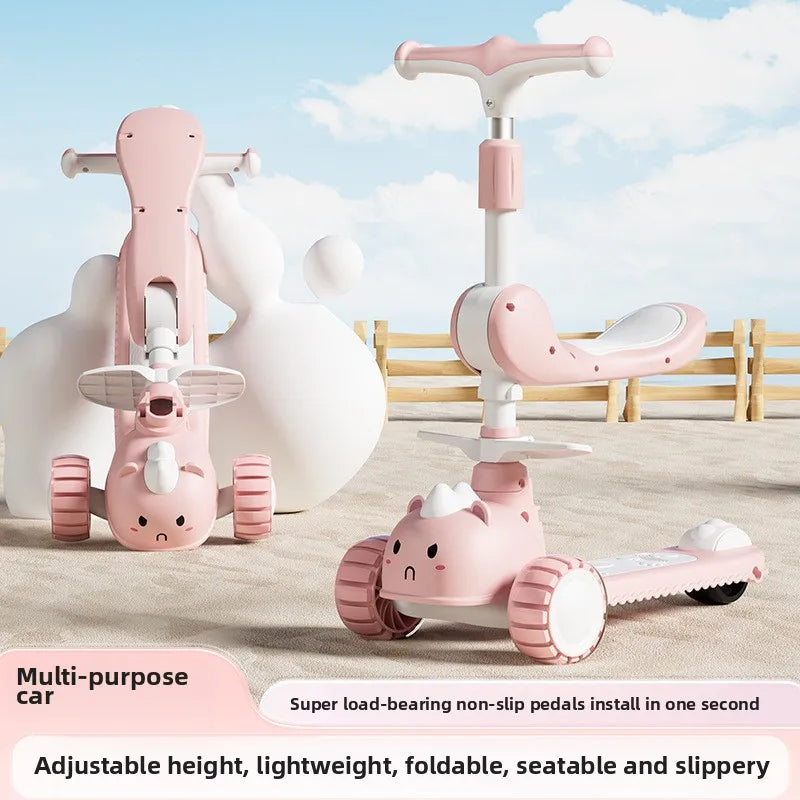 2-In-1 Children's Scooter Baby Kickboard 3 Height Adjustable 3-Wheel Music Light Foldable Micro Kcik Scooter Boy Girl Ages 2-10