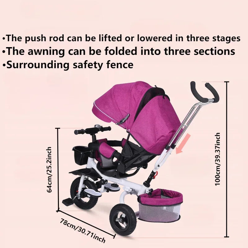4 in 1 Folding Kids Trike Sit & Lying Portable Baby Stroller with Large Canopy Tricycle Dual Brake 3-Gear Adjustable Backrest