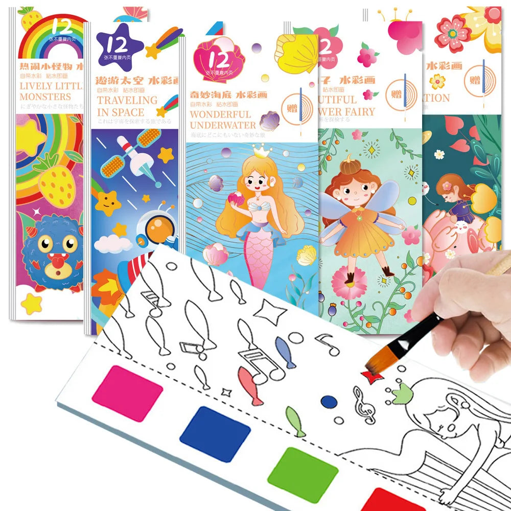 12 Sheets/Set Portable Watercolor Painting Book - Kids Coloring Book with Paint Brush, Graffiti Picture Drawing Stationery