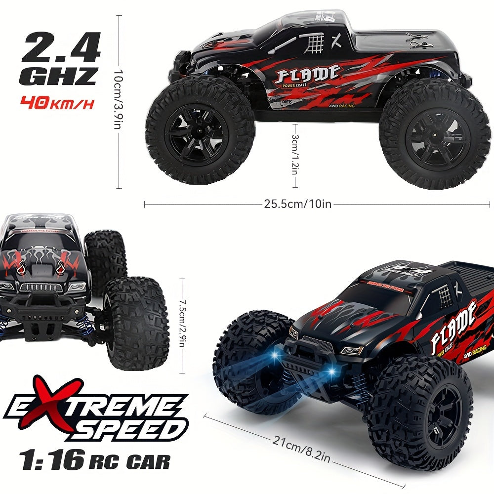 Fast RC Cars, 1:16 40KM/H High Speed Remote Control Car, 4X4 All Terrains RC Monster Truck, 2.4GHZ Off-Road Hobby Electric Vehicle Car Gift For Xmas, Rechargeable Battery With USB, Carbon Brush Motor
