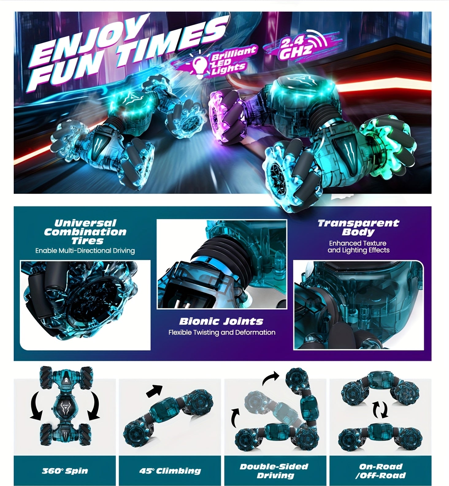 500mAh 3 Rechargeable Batteries Remote Control Cars for Boys & Girls, Transparent Gesture Sensing RC Stunt Car, 2.4GHz Remote Control 4WD Off-Road Climbing Vehicle, 360°Rotation RC Cars Toys Gift