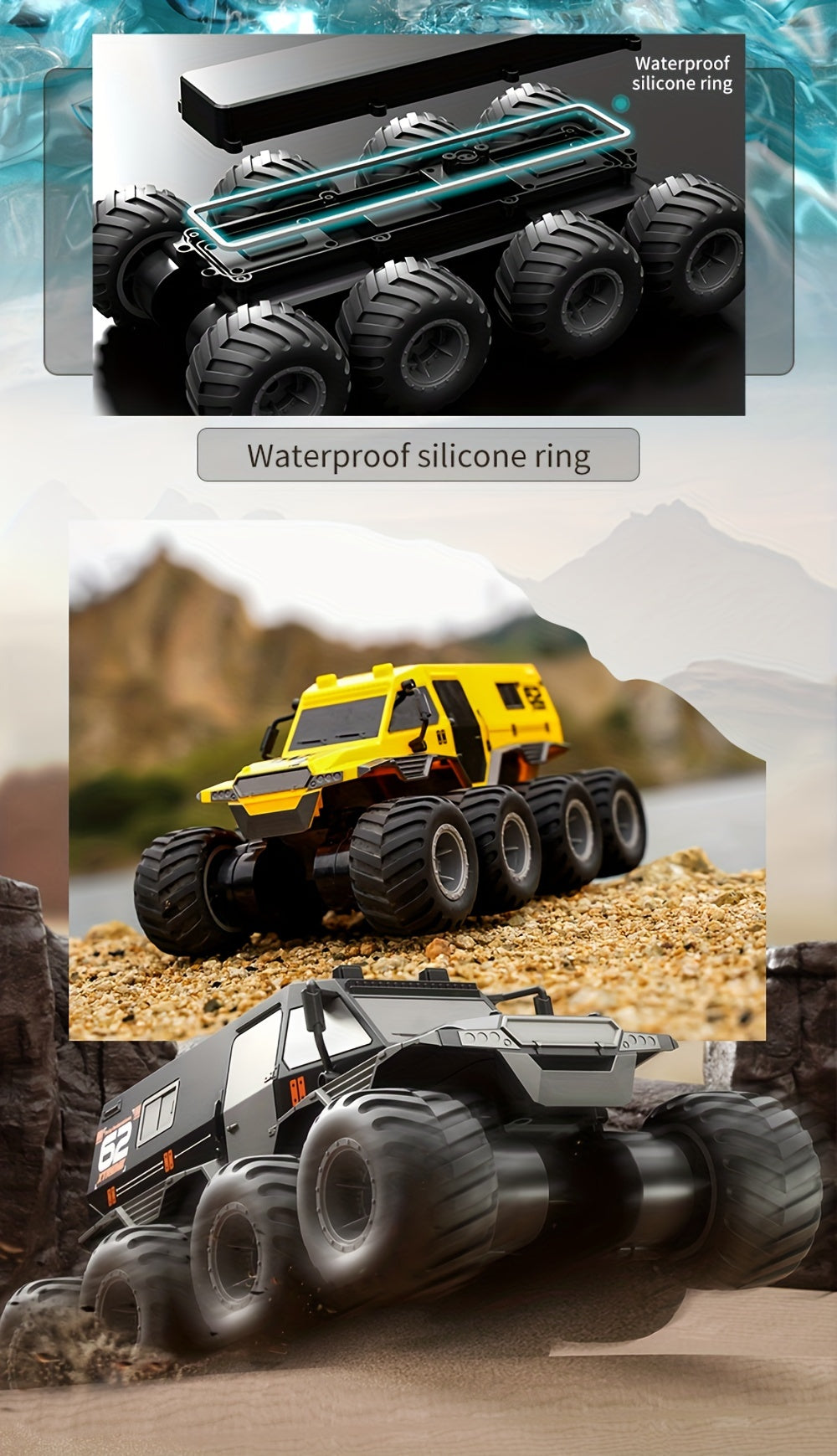 RC Car 8WD Amphibious Monster Truck, 2.4G Off Road Big Remote Control Car, All Terrain RC Cars Toys, Gift for Birthday Christmas