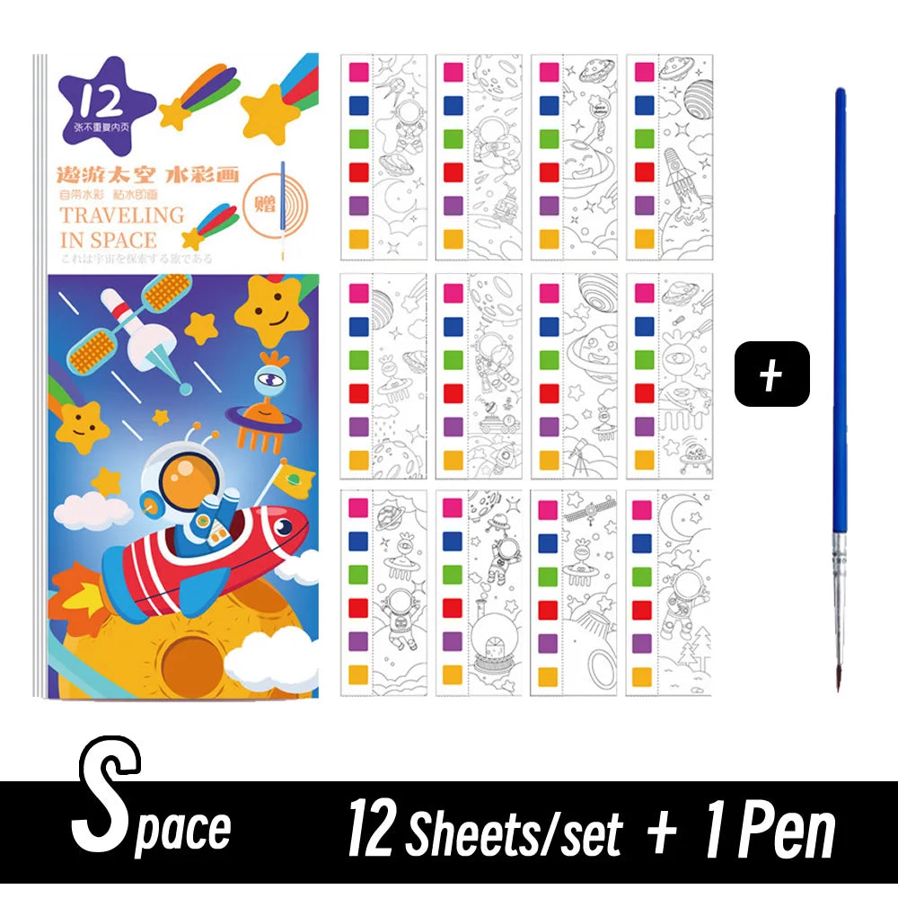 12 Sheets/Set Portable Watercolor Painting Book - Kids Coloring Book with Paint Brush, Graffiti Picture Drawing Stationery