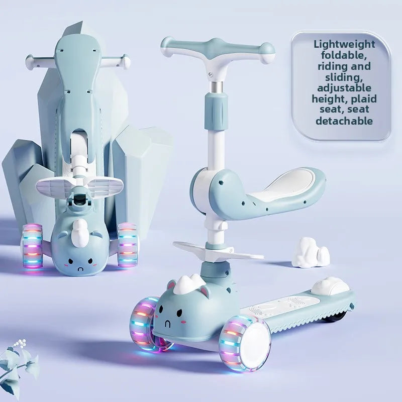 2-In-1 Children's Scooter Baby Kickboard 3 Height Adjustable 3-Wheel Music Light Foldable Micro Kcik Scooter Boy Girl Ages 2-10