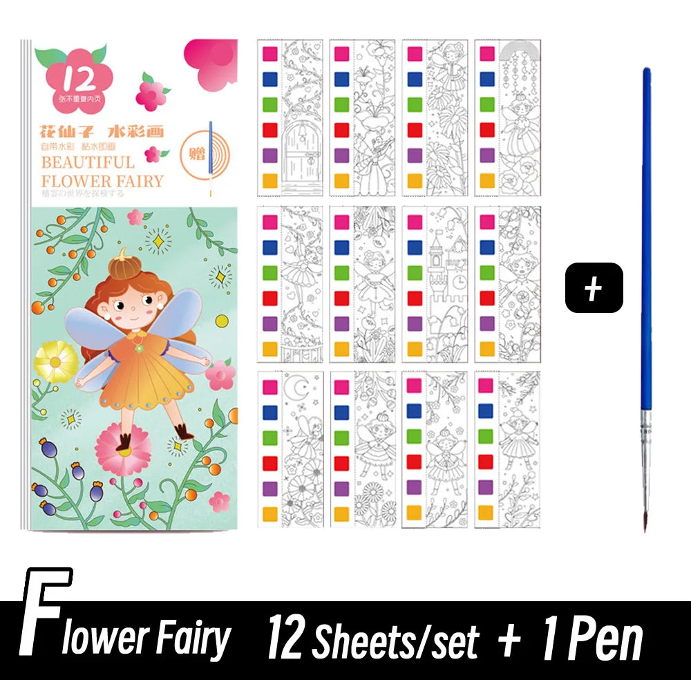 12 Sheets/Set Portable Watercolor Painting Book - Kids Coloring Book with Paint Brush, Graffiti Picture Drawing Stationery