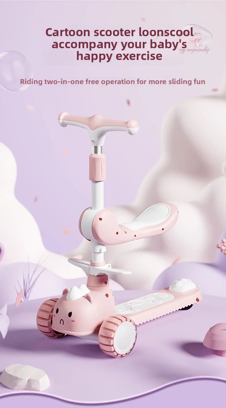 2-In-1 Children's Scooter Baby Kickboard 3 Height Adjustable 3-Wheel Music Light Foldable Micro Kcik Scooter Boy Girl Ages 2-10