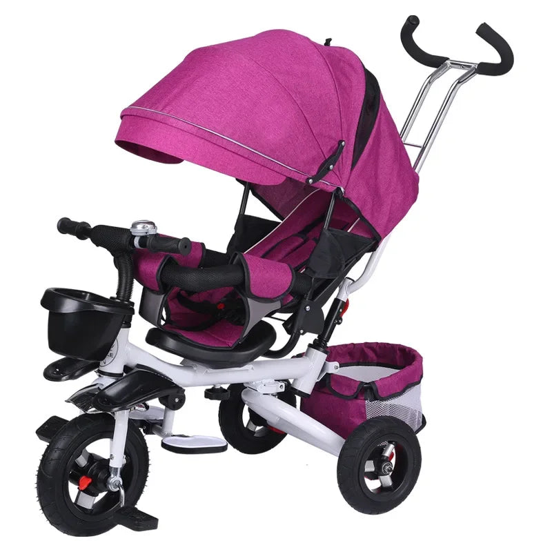 4 in 1 Folding Kids Trike Sit & Lying Portable Baby Stroller with Large Canopy Tricycle Dual Brake 3-Gear Adjustable Backrest