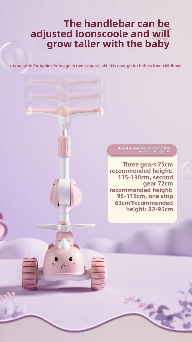 2-In-1 Children's Scooter Baby Kickboard 3 Height Adjustable 3-Wheel Music Light Foldable Micro Kcik Scooter Boy Girl Ages 2-10