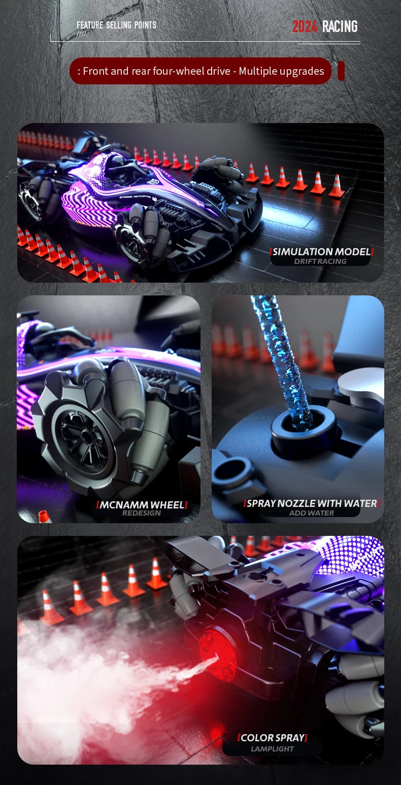 New RC Stunt Car with Spray & LED Lights，Dual Remote & Gesture Sensing Watch, Drift & High Speed,Hot Toy for Kids & Hobbyists