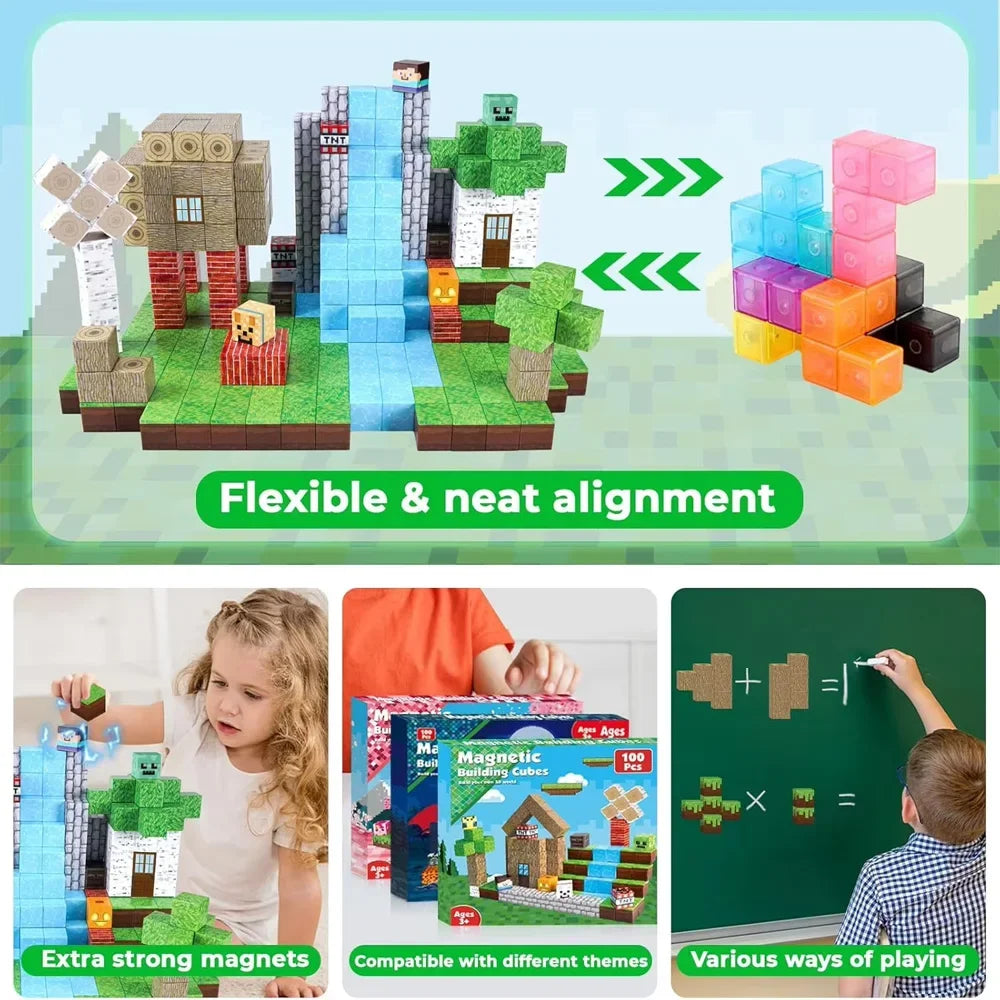 Magnetic Blocks - Build Mine Magnet World Edition Magnetic Cubes Construction Toys for Boys Girls STEM Montessori Sensory Toys