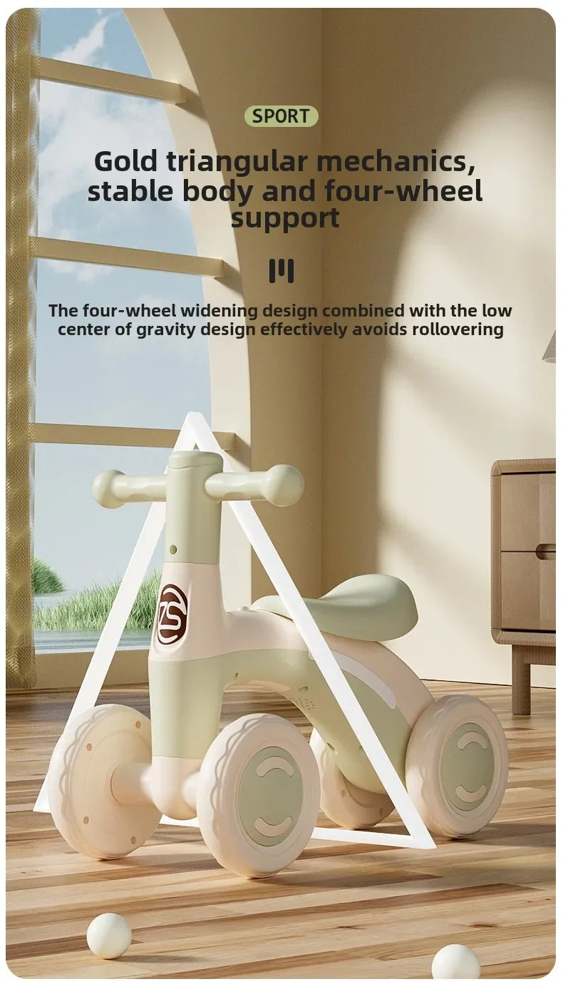 Anti-Tip Baby Balance Bike Ages 1-3 4-Wheel Silent Glider Walker Toy Toddler Training Ride-On with Safety Wheels Indoor Outdoor