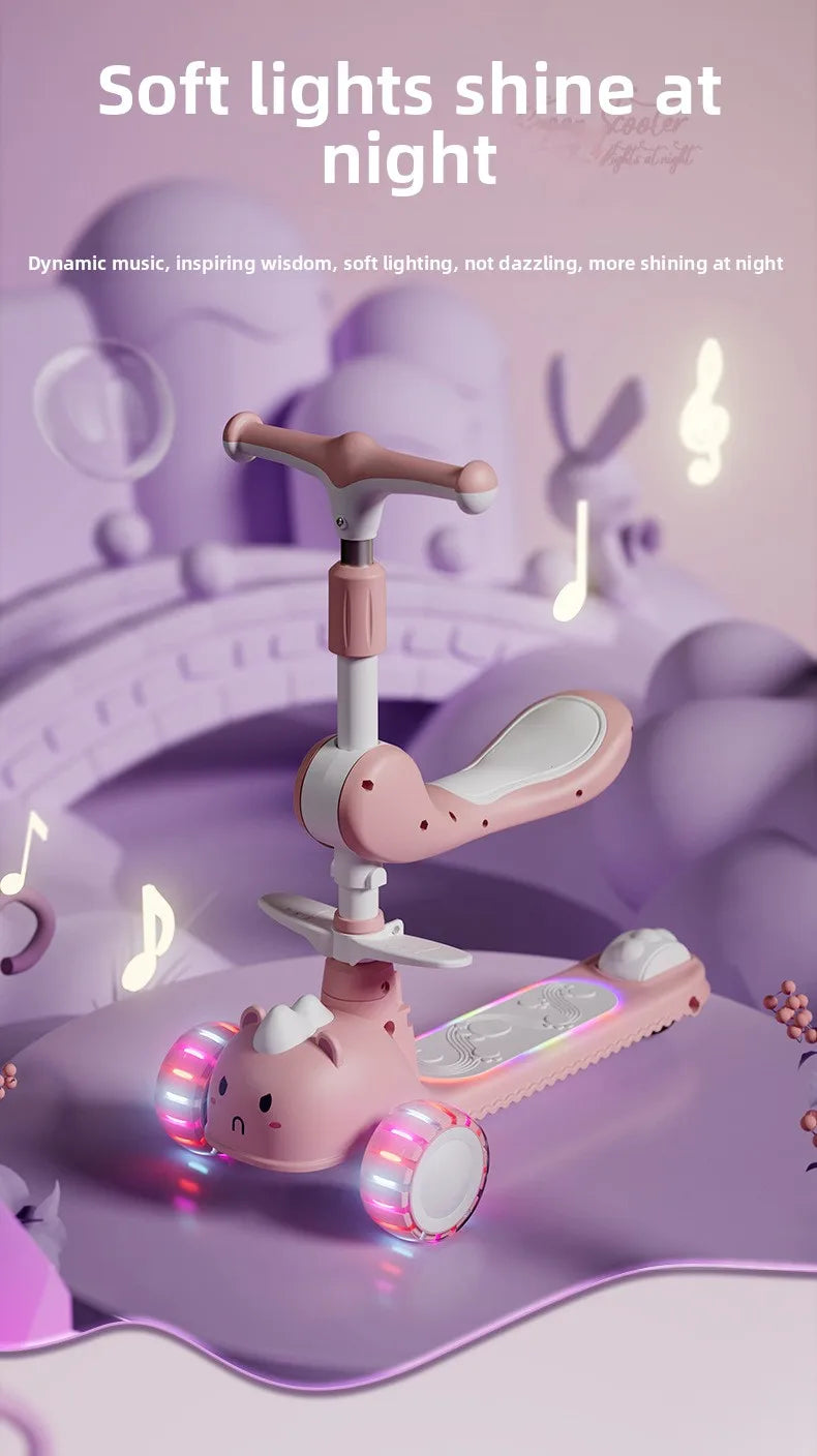 2-In-1 Children's Scooter Baby Kickboard 3 Height Adjustable 3-Wheel Music Light Foldable Micro Kcik Scooter Boy Girl Ages 2-10