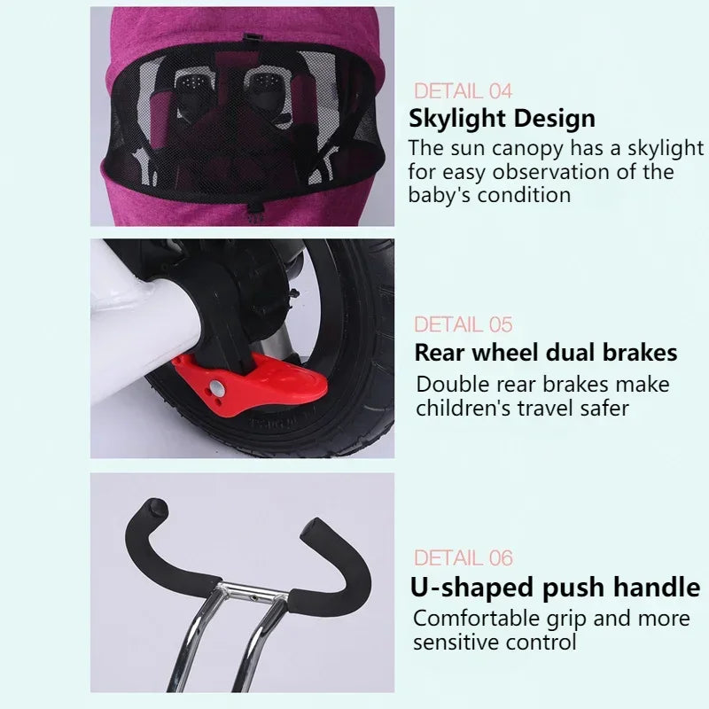 4 in 1 Folding Kids Trike Sit & Lying Portable Baby Stroller with Large Canopy Tricycle Dual Brake 3-Gear Adjustable Backrest