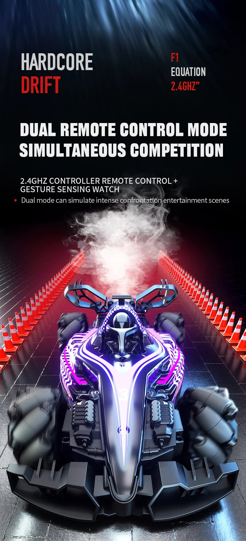 New RC Stunt Car with Spray & LED Lights，Dual Remote & Gesture Sensing Watch, Drift & High Speed,Hot Toy for Kids & Hobbyists