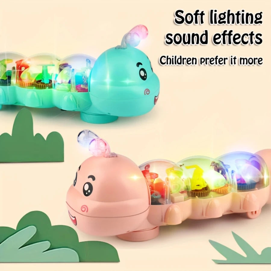 Cute caterpillar style baby crawling toy with lighting, music and automatic steering, letter and number design