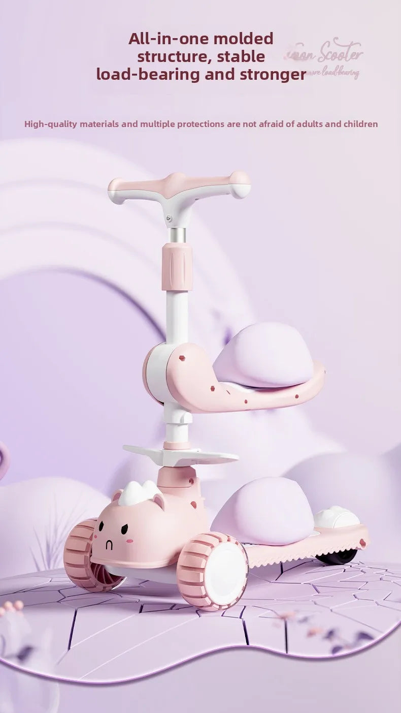 2-In-1 Children's Scooter Baby Kickboard 3 Height Adjustable 3-Wheel Music Light Foldable Micro Kcik Scooter Boy Girl Ages 2-10