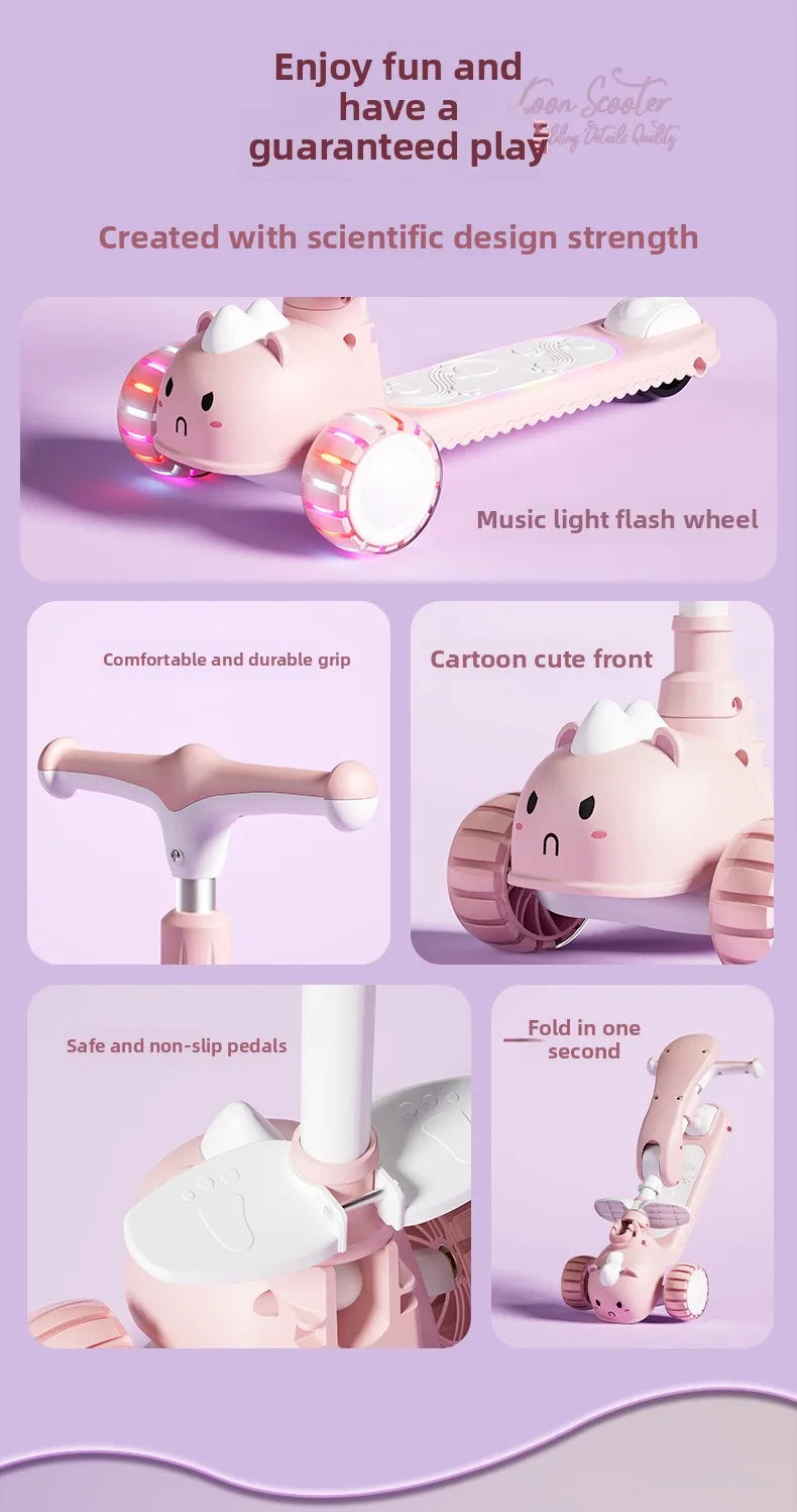 2-In-1 Children's Scooter Baby Kickboard 3 Height Adjustable 3-Wheel Music Light Foldable Micro Kcik Scooter Boy Girl Ages 2-10