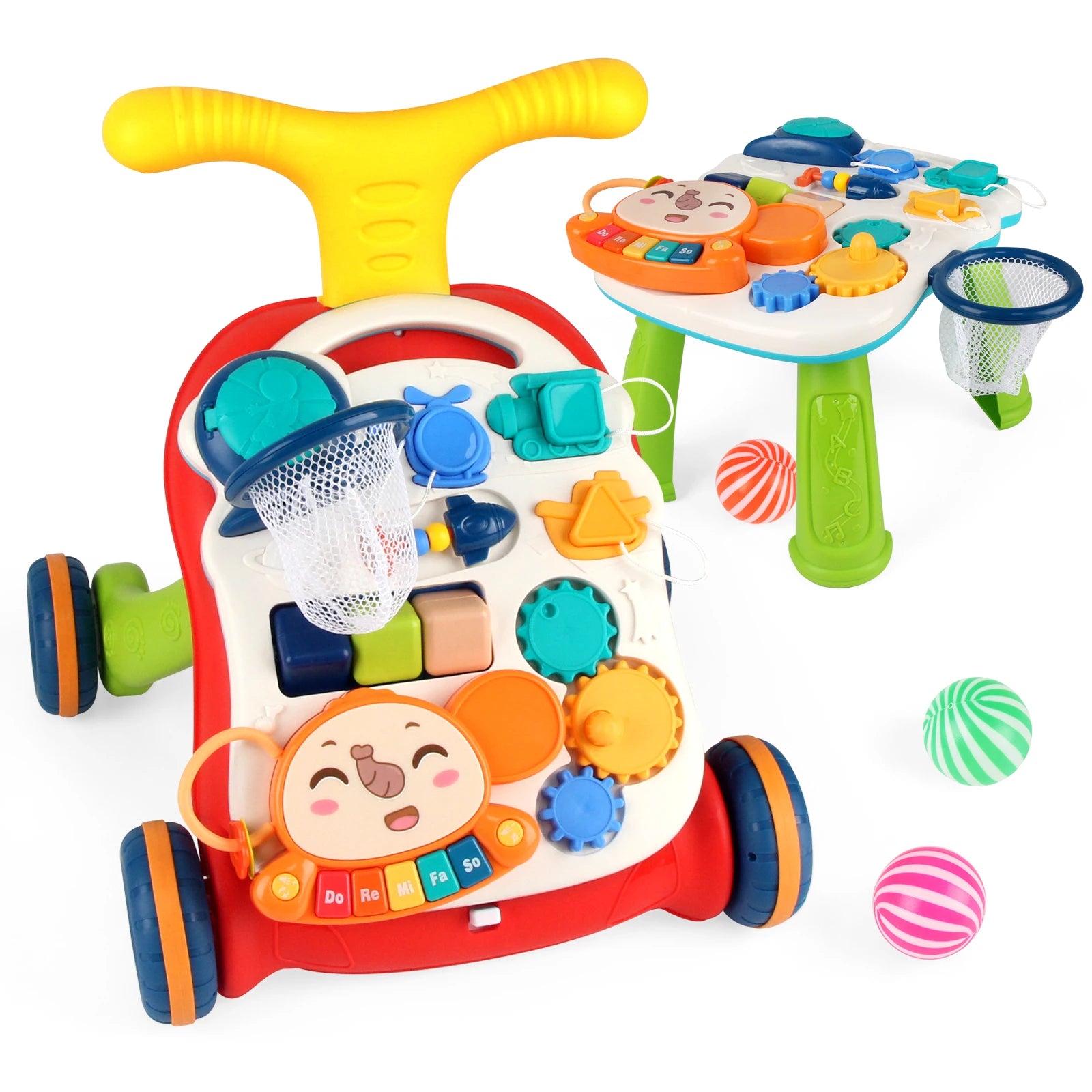Baby Cartoon Push Walker Toy with Music Drawing Board Multifunction Activity Learning Walk Toddler Walker for 6-15 Months Infant