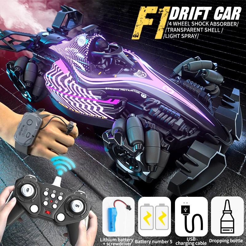 New RC Stunt Car with Spray & LED Lights，Dual Remote & Gesture Sensing Watch, Drift & High Speed,Hot Toy for Kids & Hobbyists