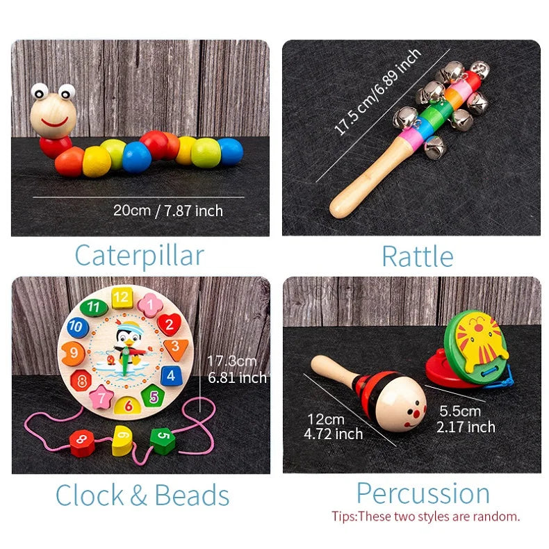 9 in 1 Wooden Montessori Toys Rattle Bell Drum Column Set Musical Instruments Sensory Early Baby Toy Toddler Education
