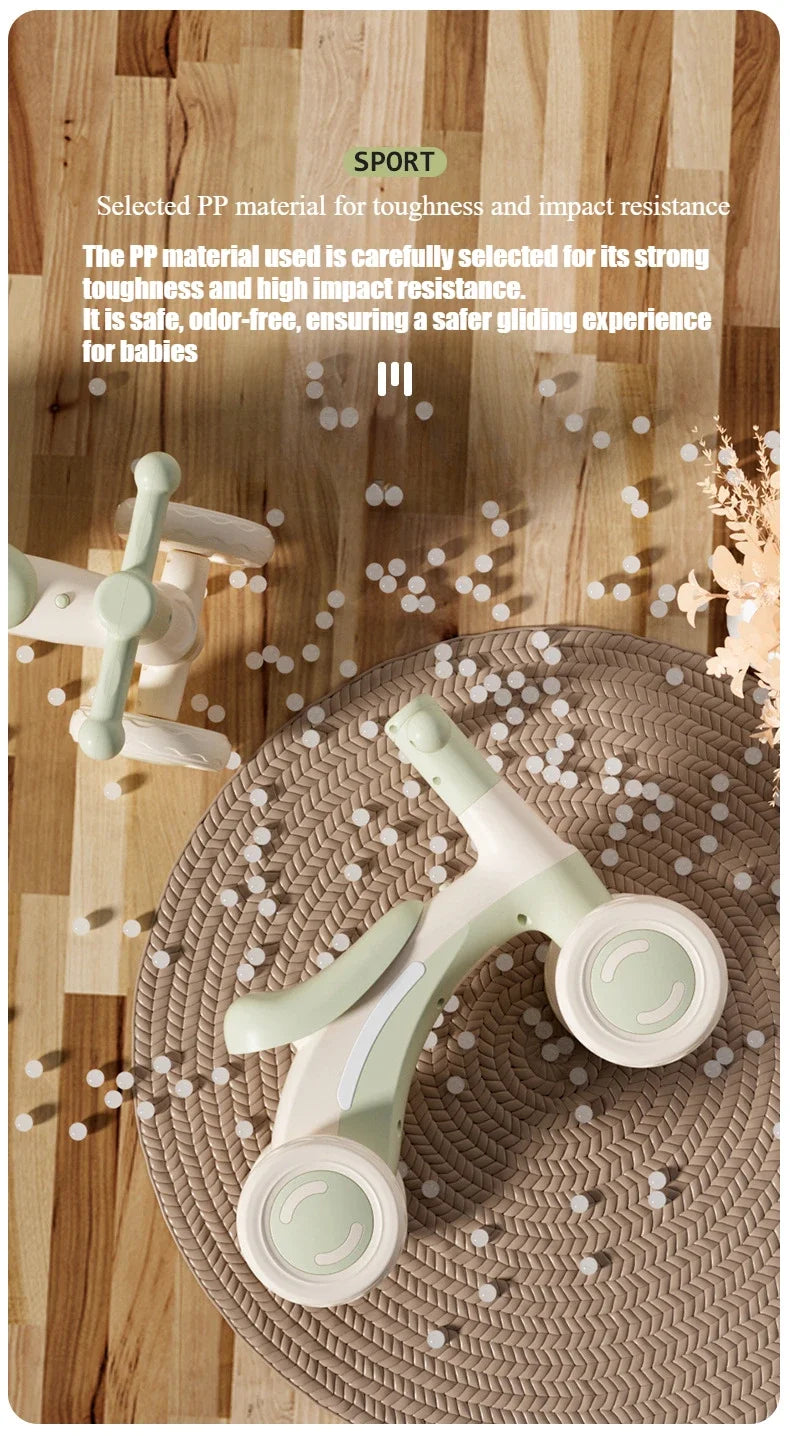 Anti-Tip Baby Balance Bike Ages 1-3 4-Wheel Silent Glider Walker Toy Toddler Training Ride-On with Safety Wheels Indoor Outdoor