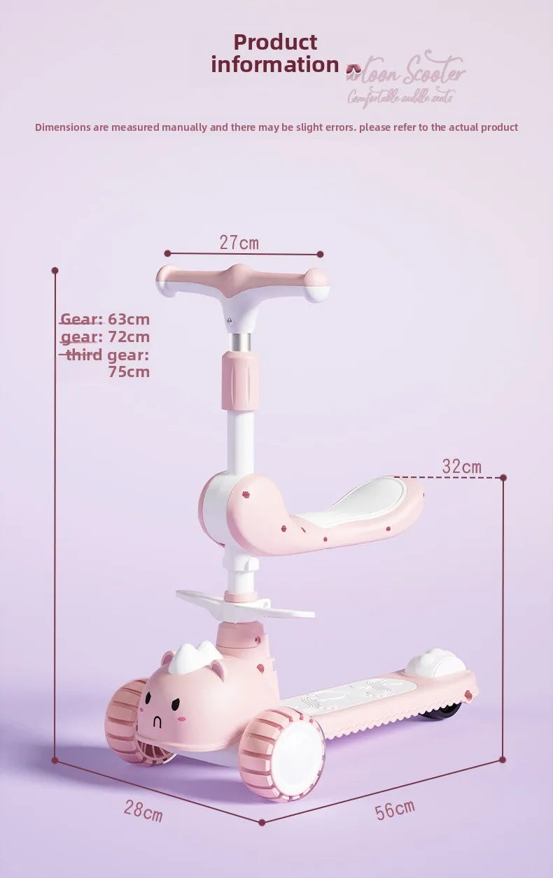 2-In-1 Children's Scooter Baby Kickboard 3 Height Adjustable 3-Wheel Music Light Foldable Micro Kcik Scooter Boy Girl Ages 2-10