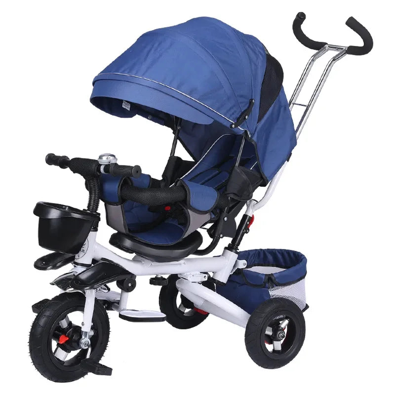 4 in 1 Folding Kids Trike Sit & Lying Portable Baby Stroller with Large Canopy Tricycle Dual Brake 3-Gear Adjustable Backrest