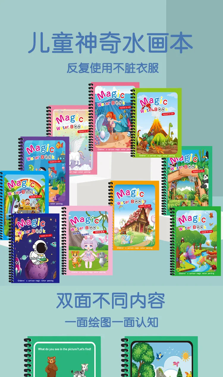 Children's Magic Water Drawing Book Montessori Reusable Coloring Book, Sensory Early Educational Learning Painting Toys for Kids