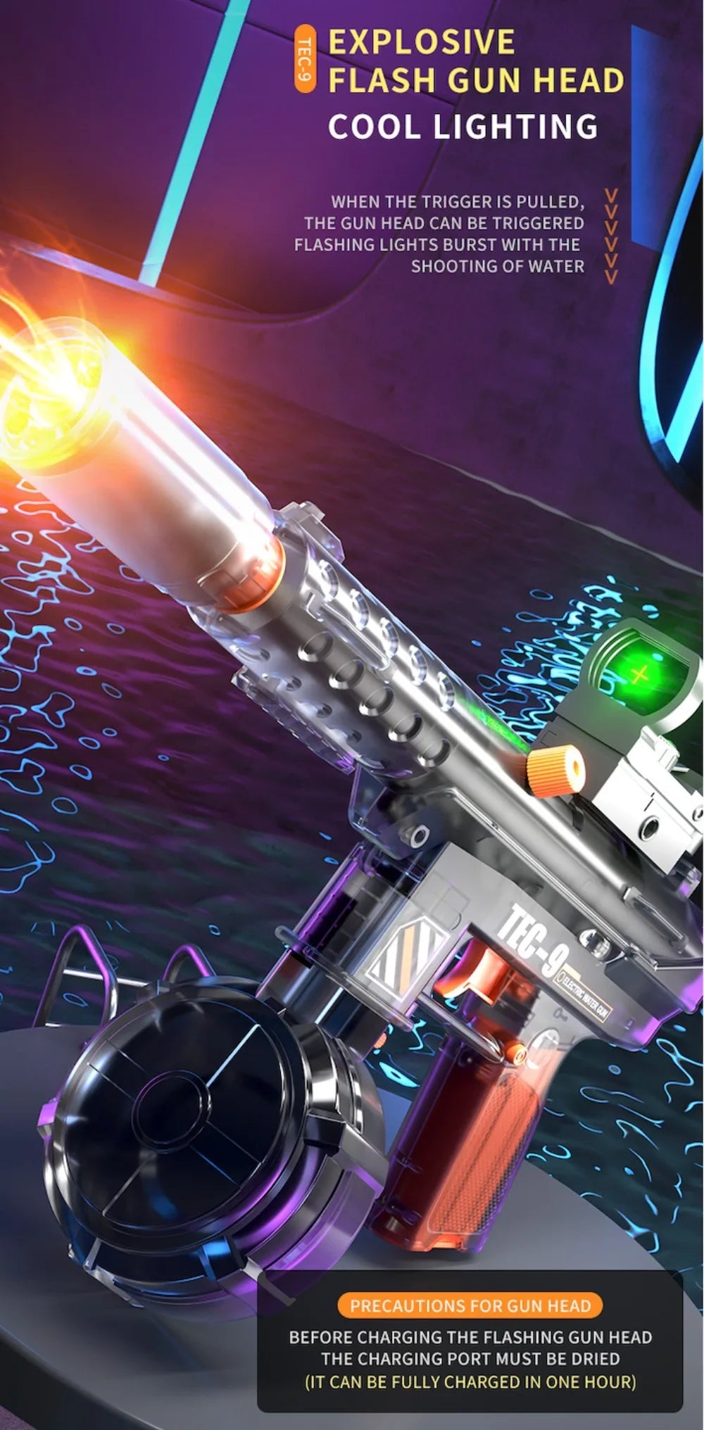 Electric Water Gun Toy Continuous Shooting with Firelight Large Capacity Water Pistol Summer Beach Outdoor Fun Game for Children