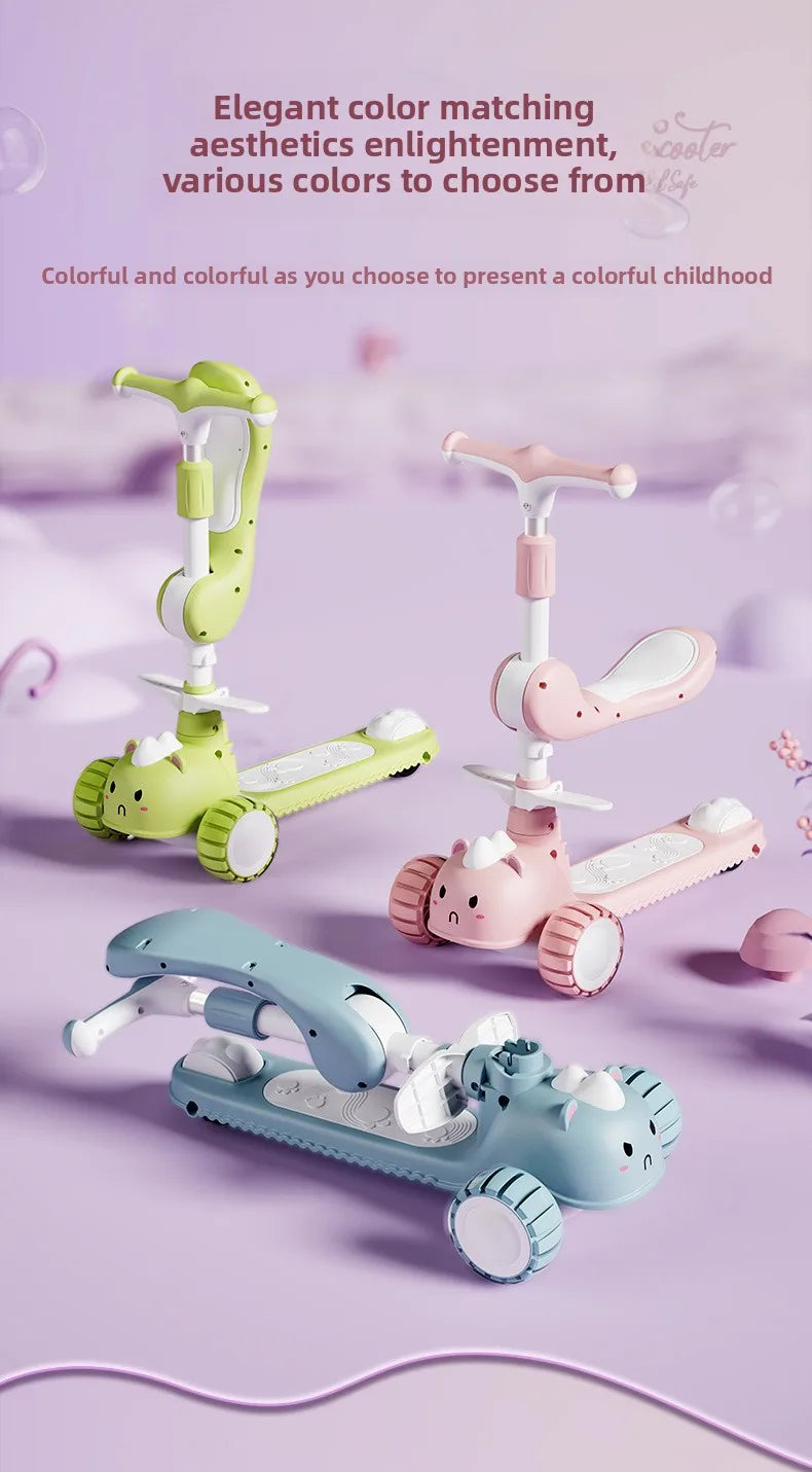 2-In-1 Children's Scooter Baby Kickboard 3 Height Adjustable 3-Wheel Music Light Foldable Micro Kcik Scooter Boy Girl Ages 2-10