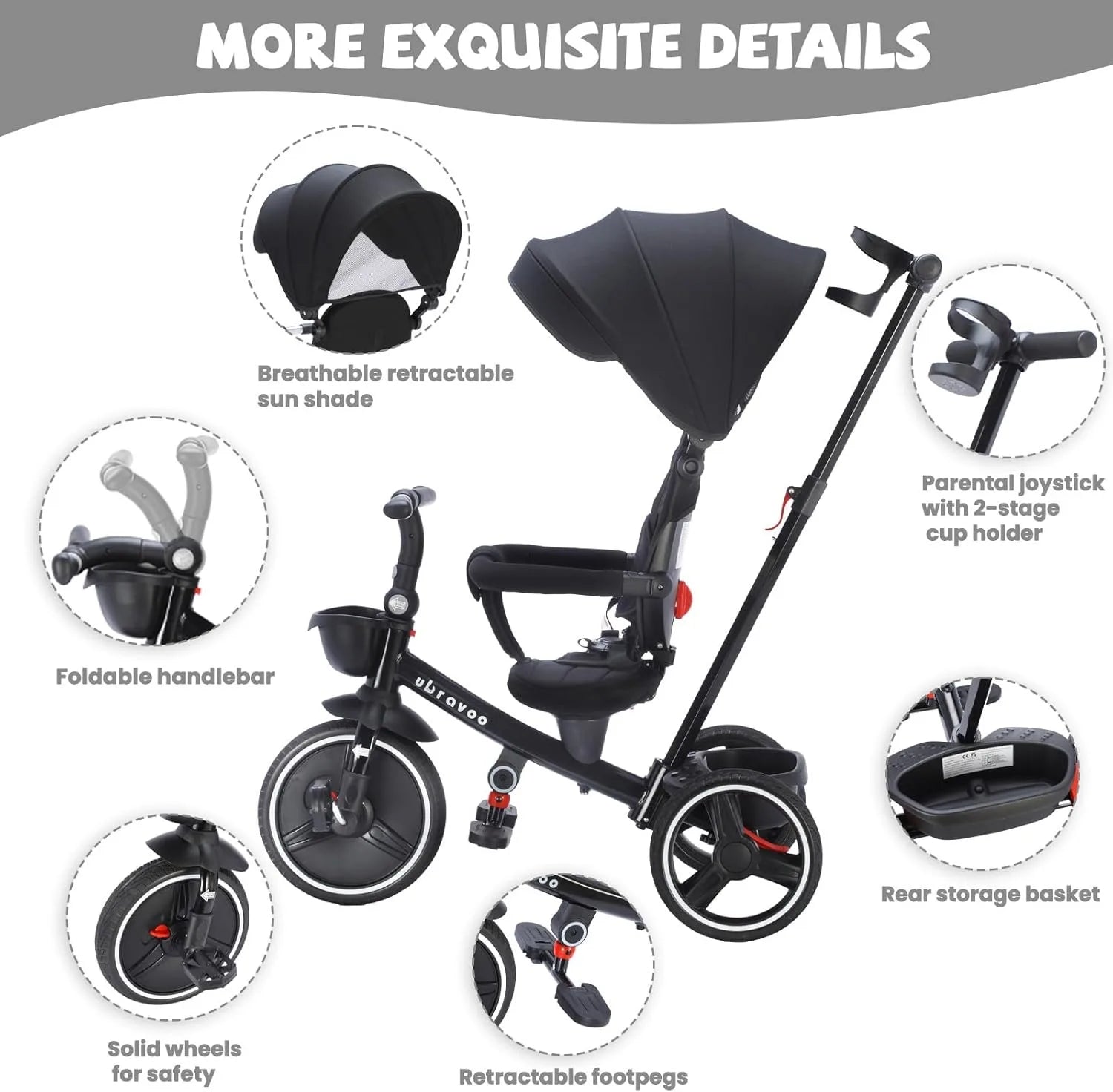 Ubravoo Baby Stroller Tricycle Ride Bike , 5-in-1, Adjustable Canopy, Sitting & Lying,Celerity Disassembly & Assembly,1-5 Years