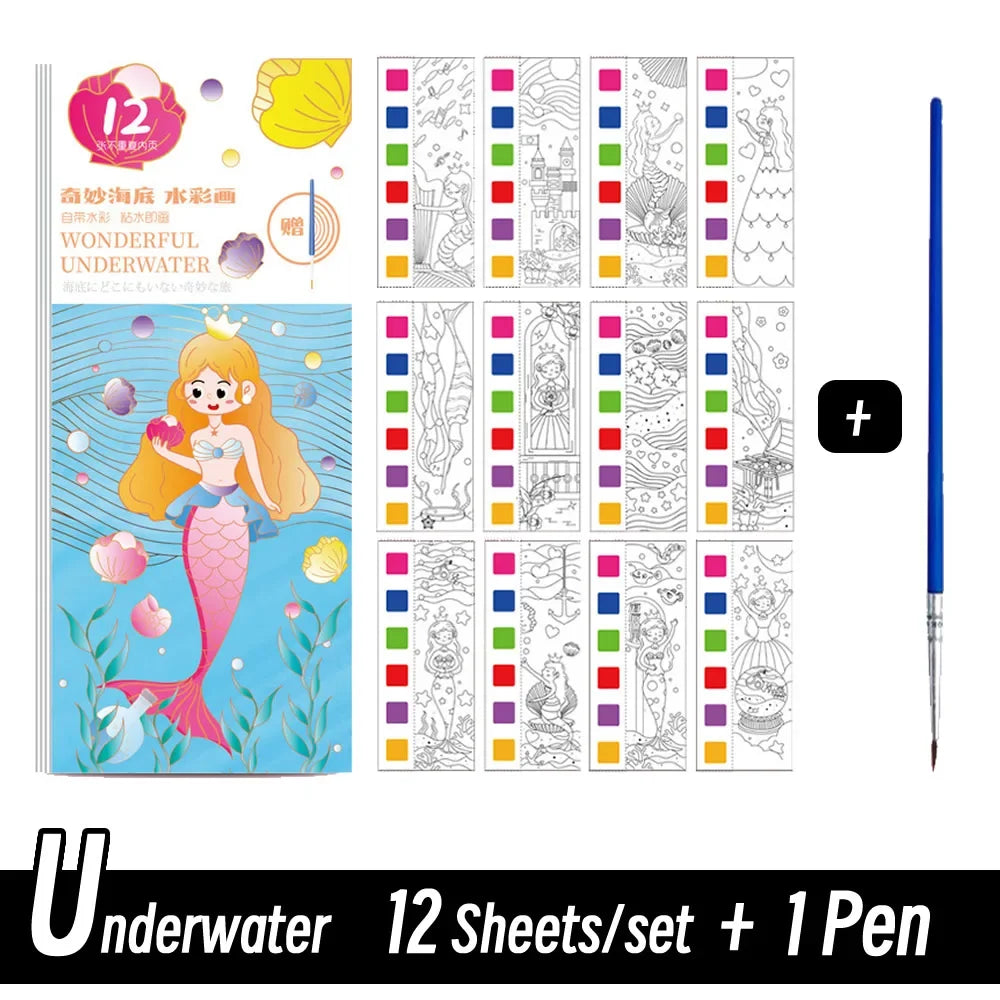 12 Sheets/Set Portable Watercolor Painting Book - Kids Coloring Book with Paint Brush, Graffiti Picture Drawing Stationery