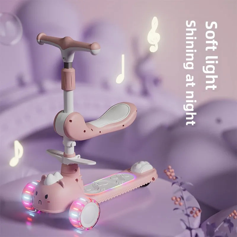 2-In-1 Children's Scooter Baby Kickboard 3 Height Adjustable 3-Wheel Music Light Foldable Micro Kcik Scooter Boy Girl Ages 2-10