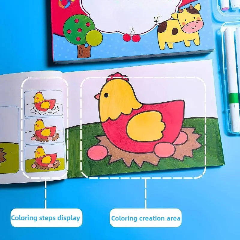 48 Pages Creative Doodle & Coloring Book Interactive Early Learning Sketchbook with Colorful Cartoon Animals Cute Sketchbook