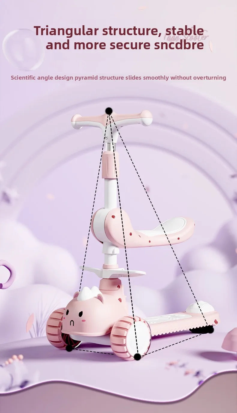 2-In-1 Children's Scooter Baby Kickboard 3 Height Adjustable 3-Wheel Music Light Foldable Micro Kcik Scooter Boy Girl Ages 2-10