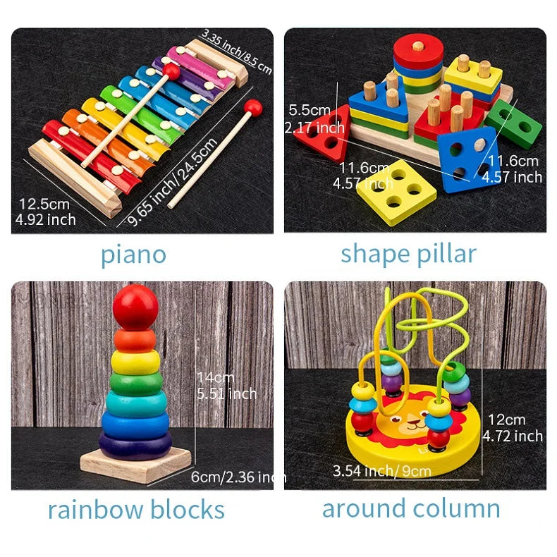9 in 1 Wooden Montessori Toys Rattle Bell Drum Column Set Musical Instruments Sensory Early Baby Toy Toddler Education