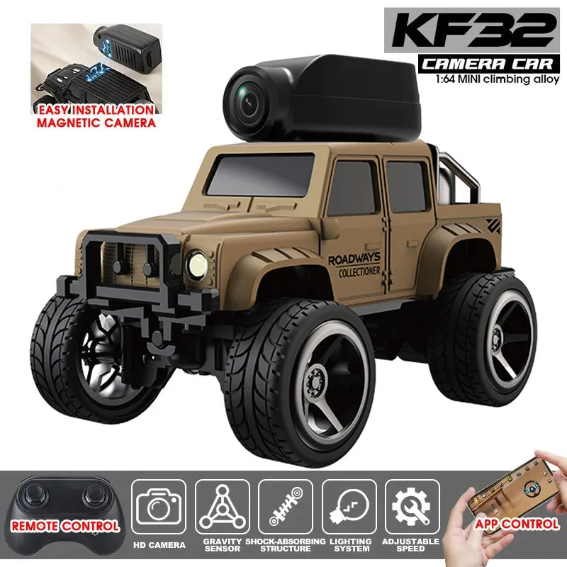 KF32 1:64 RC Mini Climbing Car With LED Light and HD Camera Radio Remote Control Cars Alloy Toy For Kids Christmas Holiday Gifts