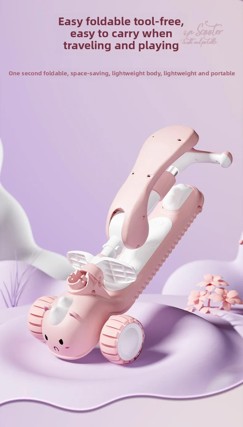 2-In-1 Children's Scooter Baby Kickboard 3 Height Adjustable 3-Wheel Music Light Foldable Micro Kcik Scooter Boy Girl Ages 2-10