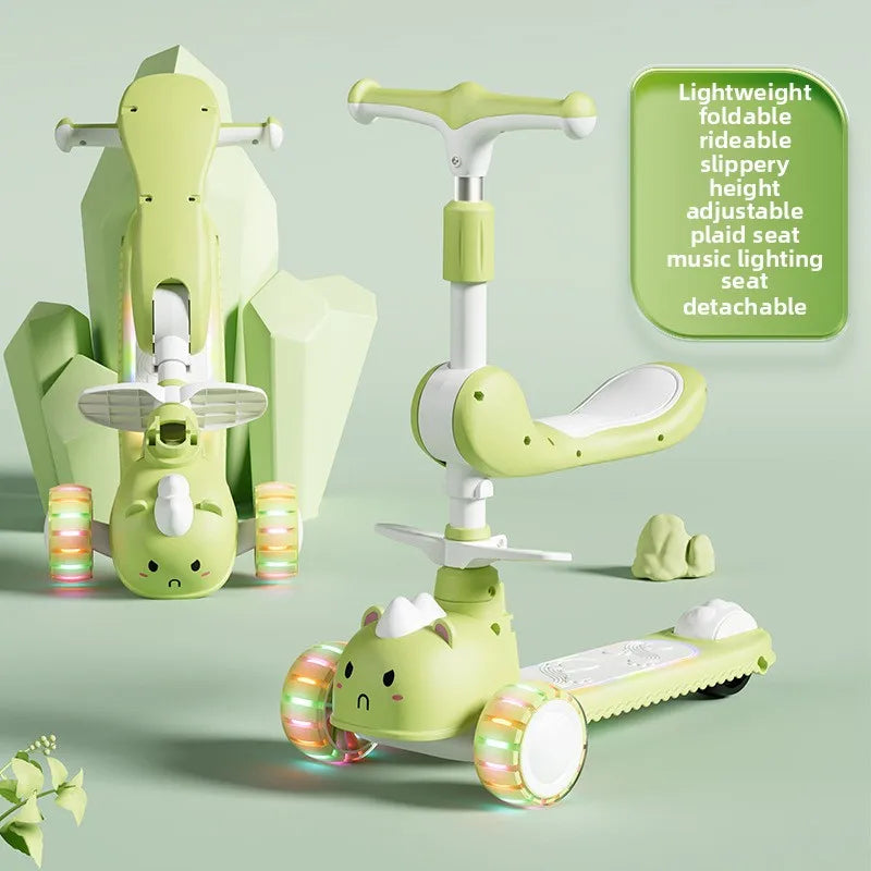 2-In-1 Children's Scooter Baby Kickboard 3 Height Adjustable 3-Wheel Music Light Foldable Micro Kcik Scooter Boy Girl Ages 2-10