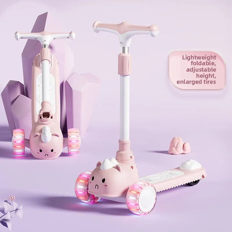 2-In-1 Children's Scooter Baby Kickboard 3 Height Adjustable 3-Wheel Music Light Foldable Micro Kcik Scooter Boy Girl Ages 2-10