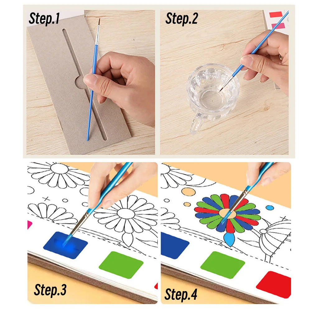 12 Sheets/Set Portable Watercolor Painting Book - Kids Coloring Book with Paint Brush, Graffiti Picture Drawing Stationery