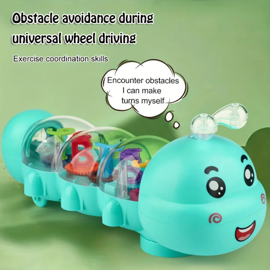 Cute caterpillar style baby crawling toy with lighting, music and automatic steering, letter and number design