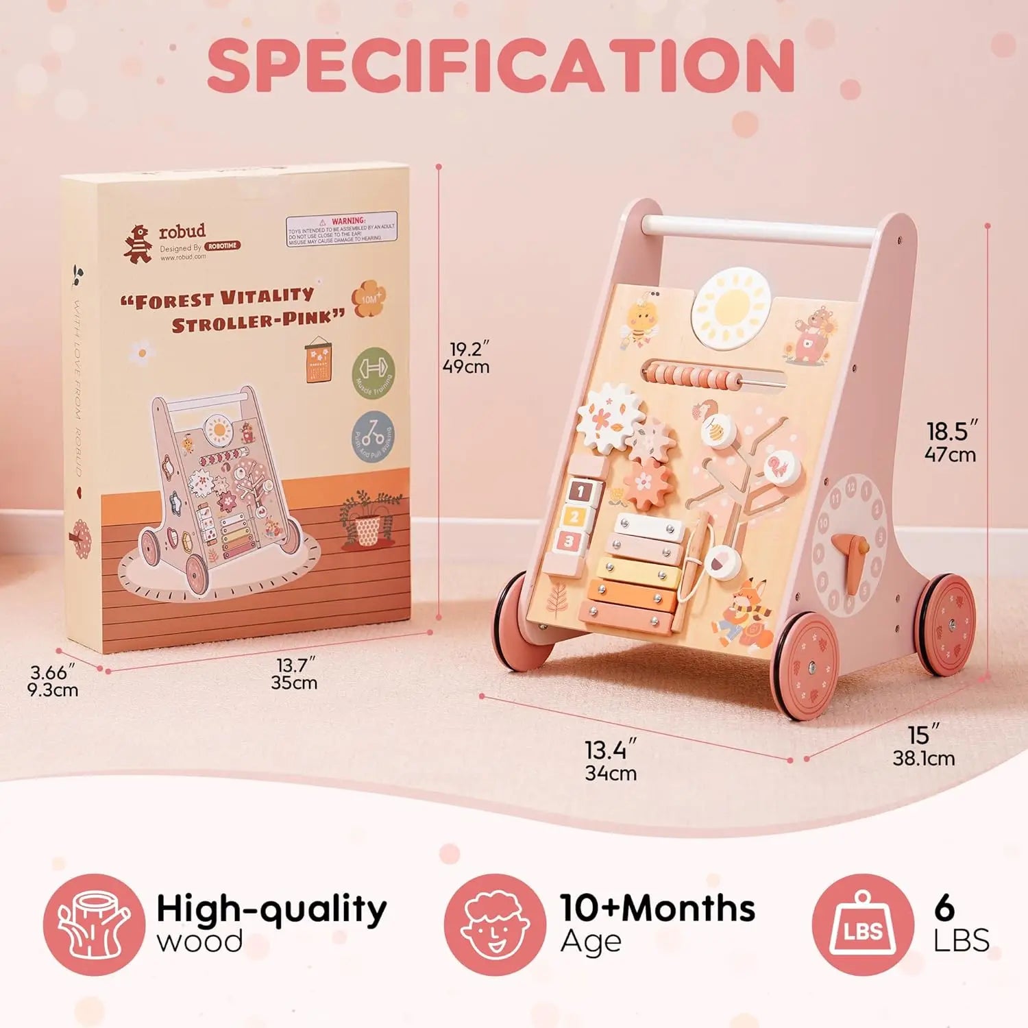 Robotime Robud Wooden Baby Walker with Wheels Montessori Push Toys for Babies Learning to Walk Baby Walkers Activity Center