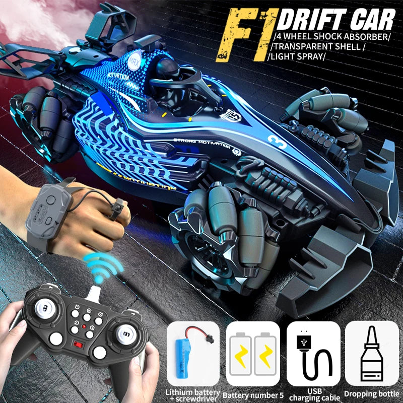 New RC Stunt Car with Spray & LED Lights，Dual Remote & Gesture Sensing Watch, Drift & High Speed,Hot Toy for Kids & Hobbyists