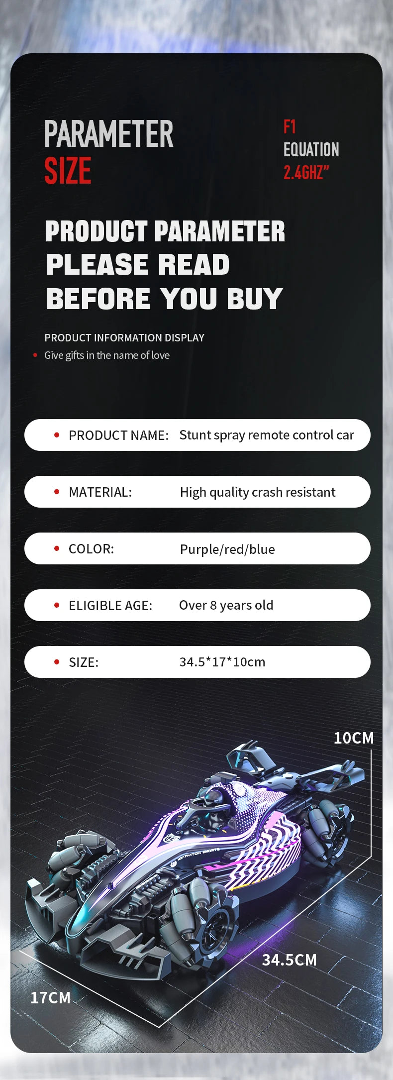 New RC Stunt Car with Spray & LED Lights，Dual Remote & Gesture Sensing Watch, Drift & High Speed,Hot Toy for Kids & Hobbyists