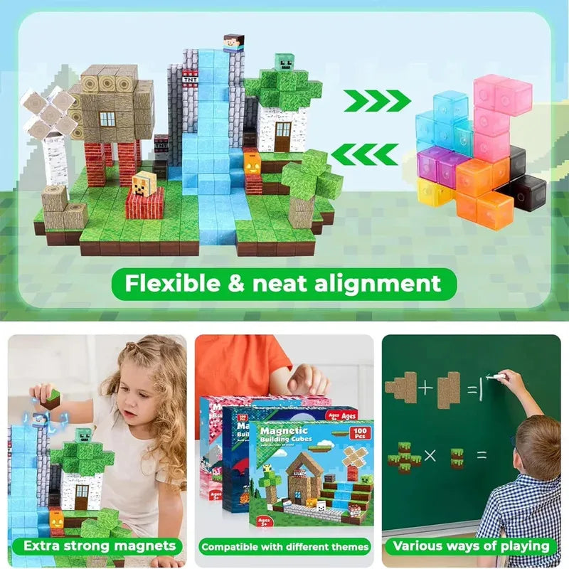 Magnetic Blocks - Build Mine Magnet World Edition Magnetic Cubes Construction Toys for Boys Girls STEM Montessori Sensory Toys