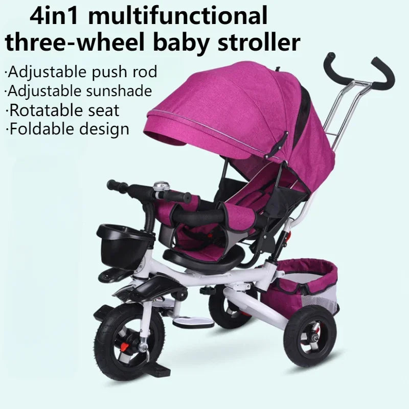 4 in 1 Folding Kids Trike Sit & Lying Portable Baby Stroller with Large Canopy Tricycle Dual Brake 3-Gear Adjustable Backrest