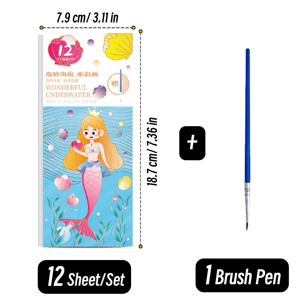 12 Sheets/Set Portable Watercolor Painting Book - Kids Coloring Book with Paint Brush, Graffiti Picture Drawing Stationery