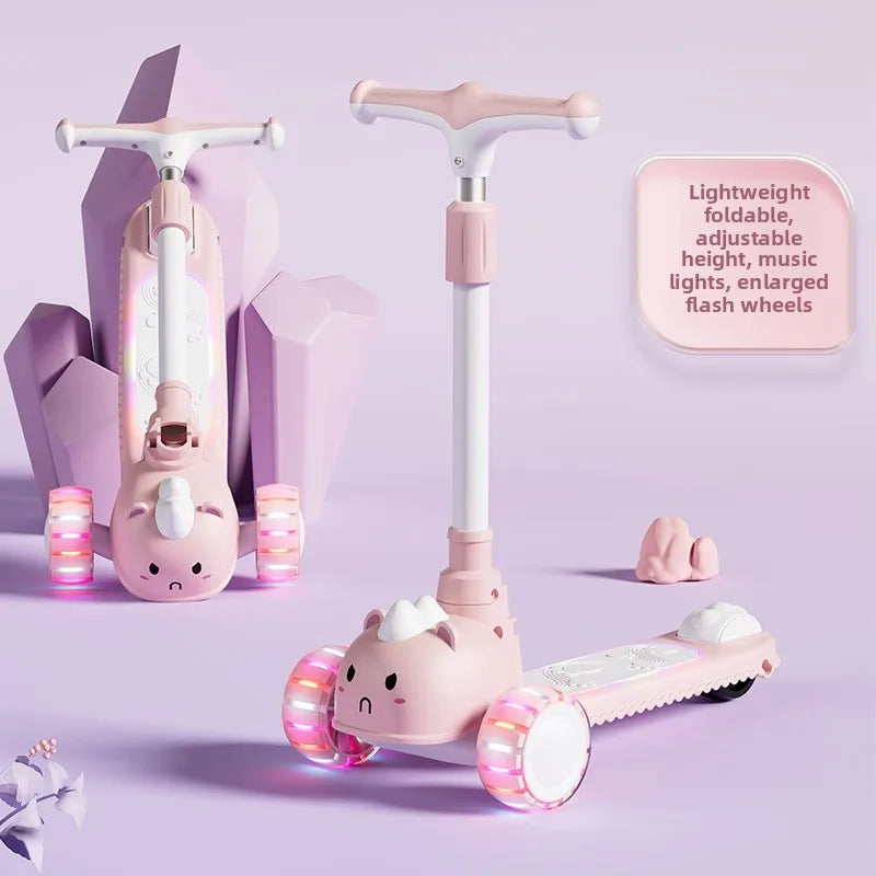 2-In-1 Children's Scooter Baby Kickboard 3 Height Adjustable 3-Wheel Music Light Foldable Micro Kcik Scooter Boy Girl Ages 2-10