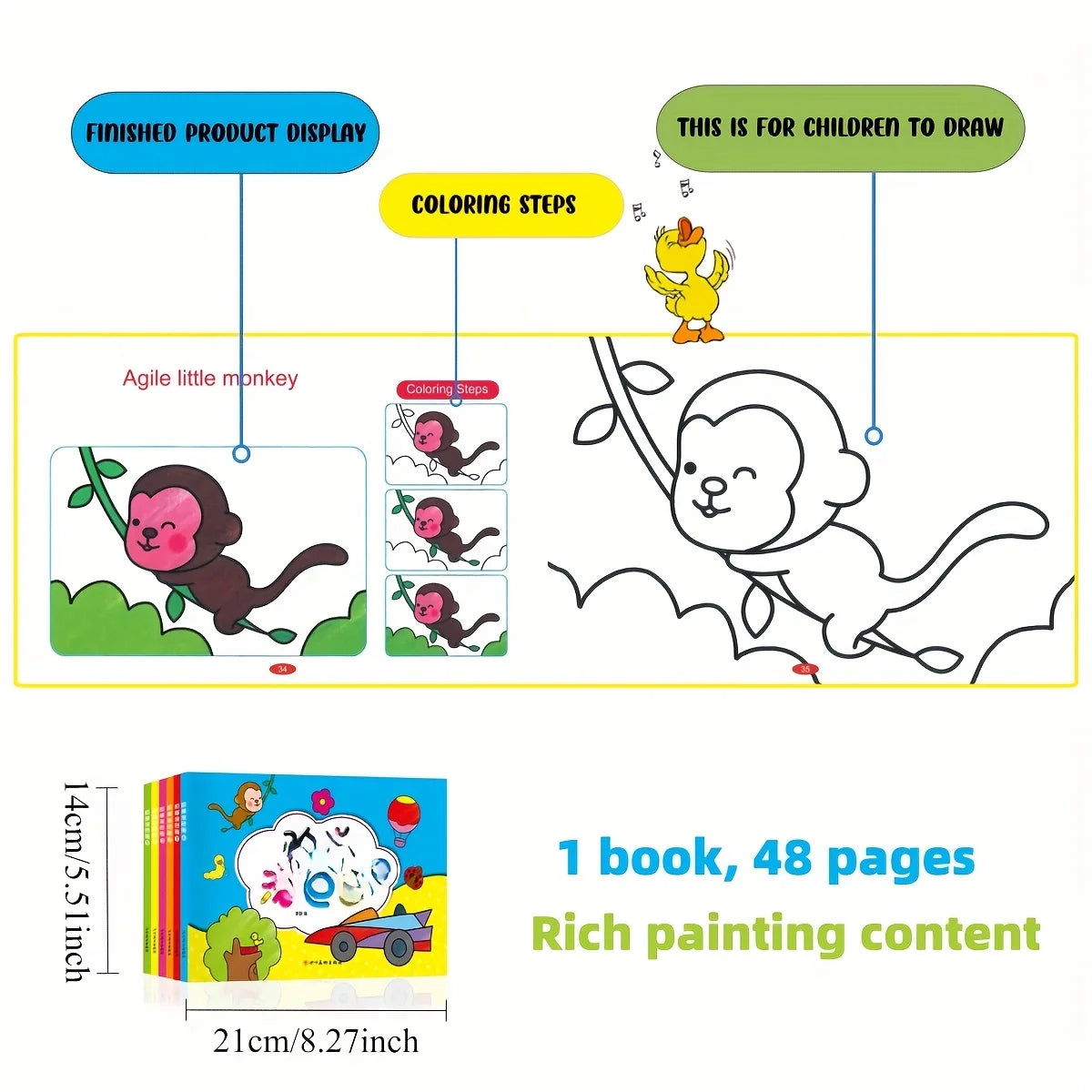48 Pages Creative Doodle & Coloring Book Interactive Early Learning Sketchbook with Colorful Cartoon Animals Cute Sketchbook
